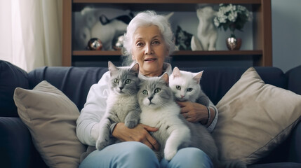 Old gray-haired pensioner with her cats on the sofa at home