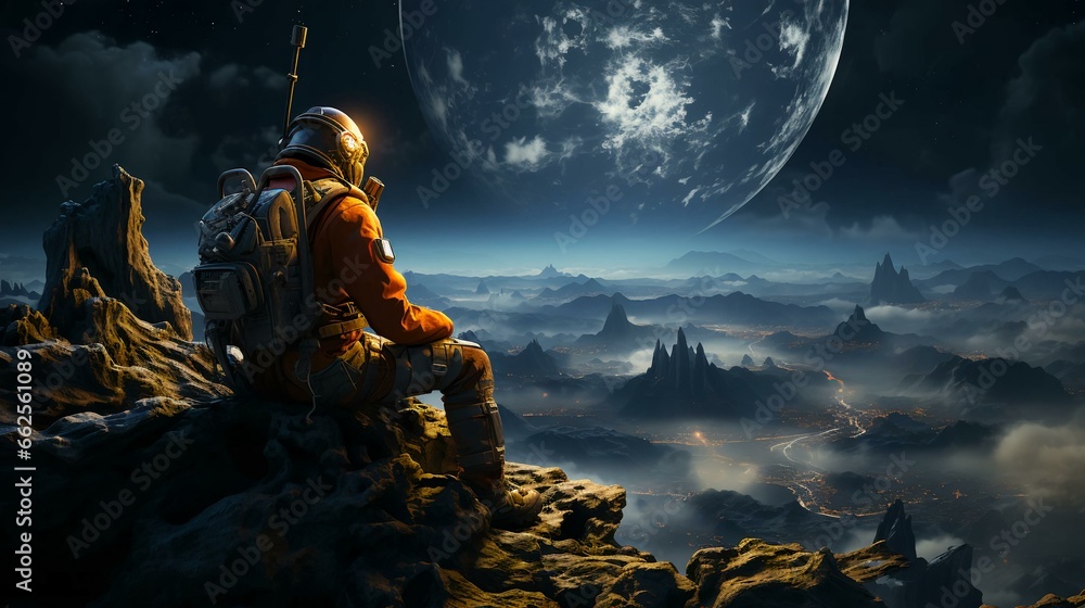 Poster an astronaut landed on the surface of a distant alien planet, an astronaut in a spacesuit explores s