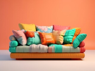 Colorful couch with colorful pillows on a light pink background generative ai