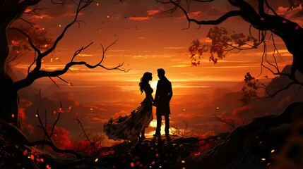 Silhouette of a couple of newlyweds in love at sunset against the background of a river, the concept of wedding and love - obrazy, fototapety, plakaty