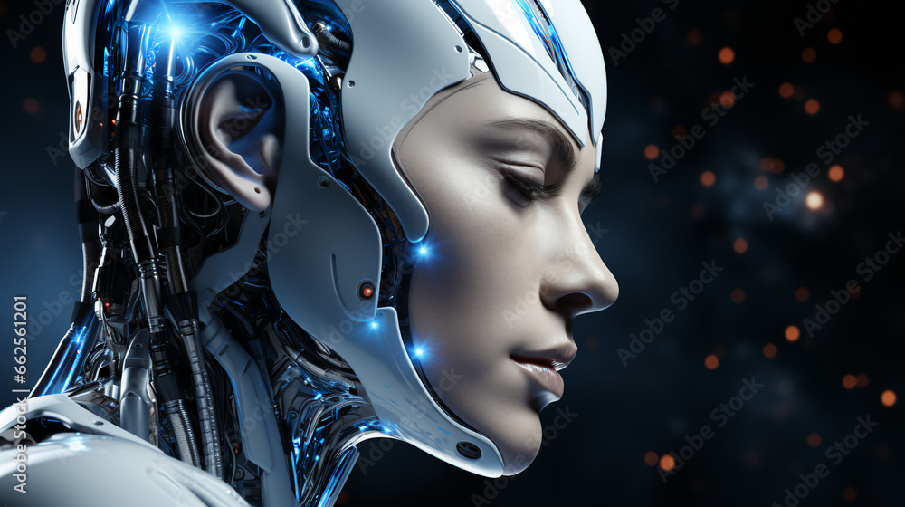 Poster beautiful face of a futuristic hi-tech cyborg robot woman. connecting man and computer with artifici