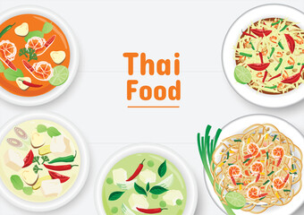 Thai cuisine, Asian food restaurant menu cover on tabel background. Top view vector design.