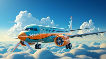 Bright cartoon 3D plane flies in the sky with clouds, vacation and travel concept