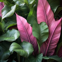 Close up of tropical purple and green leaves background.