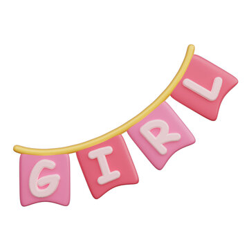 3D Pink party flag, baby gender reveal, It's a girl, birthday party, 3d rendering.