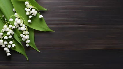 Foto op Plexiglas  Lily of the Valley Flower on Wooden Background with Copy Space © icehawk33