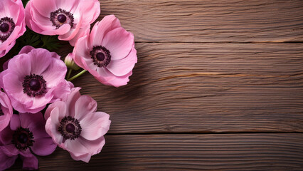 Anemone on Rustic Wood Background with Copy Space