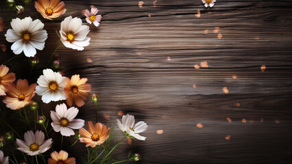 Obraz premium Cosmos Flower on Wood Background with Copy Space