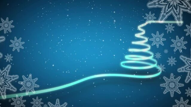 Animation of snow falling over ribbon forming a christmas tree against snowflakes on blue background