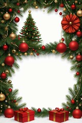 A beautiful red and gold Christmas wreath is adorned with white flowers and green pine branches, set against a pure white background.