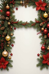 Fototapeta na wymiar A beautiful red and gold Christmas wreath is adorned with white flowers and green pine branches, set against a pure white background.