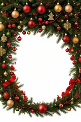 Naklejka na ściany i meble A beautiful red and gold Christmas wreath is adorned with white flowers and green pine branches, set against a pure white background.
