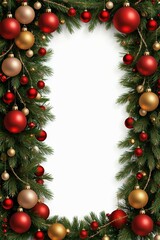 Fototapeta na wymiar A beautiful red and gold Christmas wreath is adorned with white flowers and green pine branches, set against a pure white background.