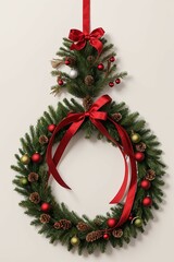 A beautiful red and gold Christmas wreath is adorned with white flowers and green pine branches, set against a pure white background.