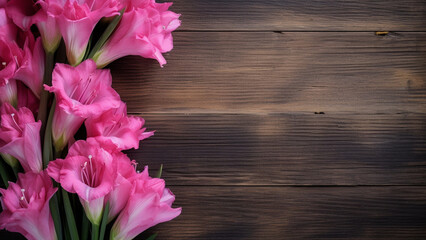 Gladiolus Flower on a Wood Background with Copy Space