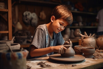 Fototapeta na wymiar Creative child working on pottery wheel. Kids arts and crafts class in workshop. Generative AI