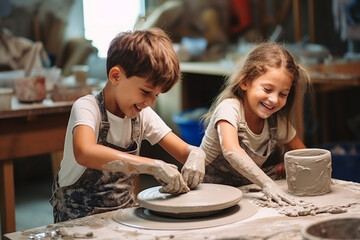 Creative activity for young children in school. Learning pottery. Generative AI - 662562827