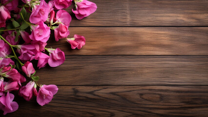 Fototapeta na wymiar Sweet Pea Flower on Wood Background with Copy Space