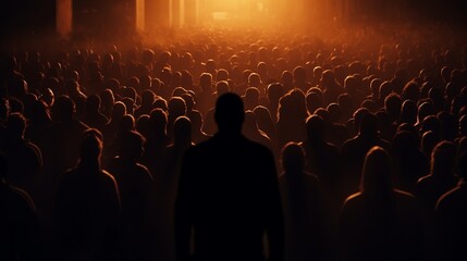 Concept of political states of mind, psychology of people, and media. Illustration in abstract form of crowd control. Standing among the silhouettes of other people is a dark figure. - obrazy, fototapety, plakaty