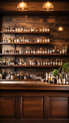 Empty wooden bar counter with defocused background.