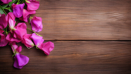 Sweet Pea Flower on Wood Background with Copy Space