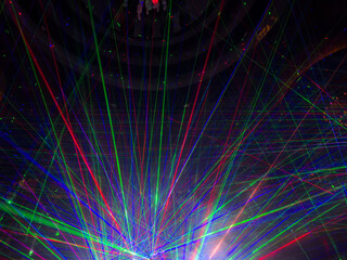 A view of a live show using multi-colored lasers.