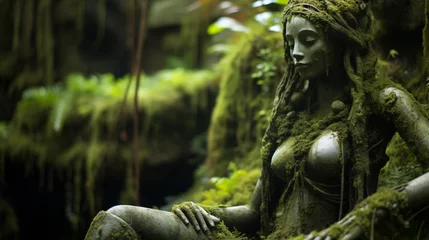 Abwaschbare Fototapete Jungle female statue moss © Cedar