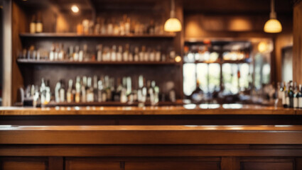 Fototapeta na wymiar Empty wooden bar counter with defocused background.