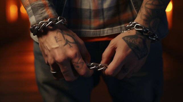 Criminal hands locked in handcuffs. Close-up view