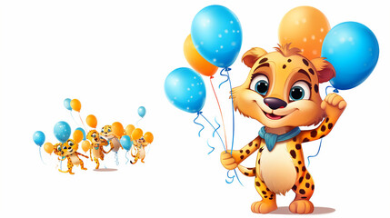  Funny cartoon party cheetah with air balloons isolated
