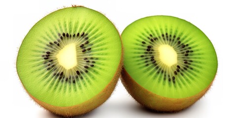 Fototapeta premium kiwi cut in half on a white background, I can't believe how beautiful this is, distinctive nose, glossy finish, warm core, thick, black stripes, generative ai.