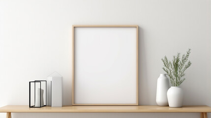 Vertical empty mock up poster frame on wooden shelf 