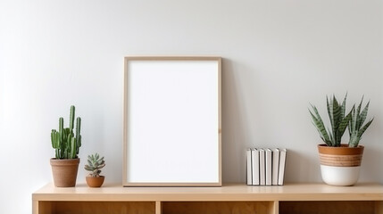 Vertical empty mock up poster frame on wooden shelf 