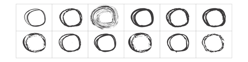 Collection charcoal strikethrough lines and thin ovals. Set of different doodle underlines, rough round shapes. Horizontal hand drawn marker stripes, scribble brush strokes. Pencil or pen drawn lines.