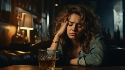 Drunk depressed young woman with glass of whiskey suffering from headache lying on a coach. Alcoholic, social issue, stress, addiction and loneliness concept. - obrazy, fototapety, plakaty