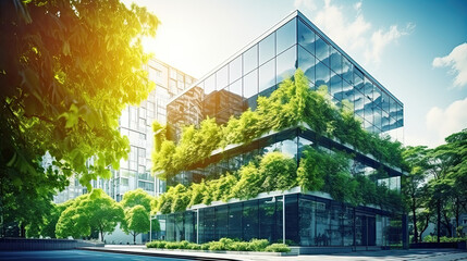 Modern office building with green leaves. Bottom view of modern office building with green leaves - obrazy, fototapety, plakaty