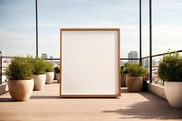 An empty white poster mockup on the modern house rooftop with glass railing and greenery pots, Blank mock-up of an painting and art designs.