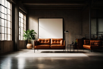 Luxurious Indoor Living Room with a huge mockups frame behind the sofa and the sunlight comes through window make natural 