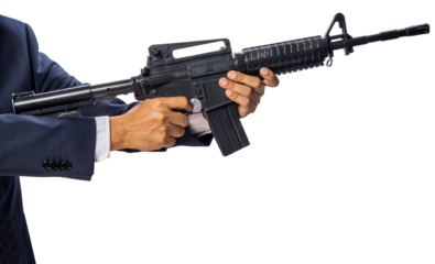 Hand Holding Automatic M 16 Machine Gun isolated on white background, Hand Holding Rifle Gun on White Background PNG File.