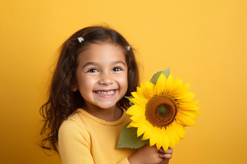 A Happy Little Girl Holding a Sunflower on a Yellow Background, Copy Space