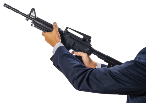 Hand Holding Automatic M 16 Machine Gun isolated on white background, Hand Holding Rifle Gun on White Background PNG File. - Powered by Adobe