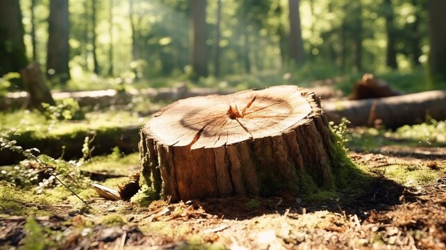 Felled tree in the forest, deforestation social issues concept. High-quality photography. .full ultra HD, High resolution