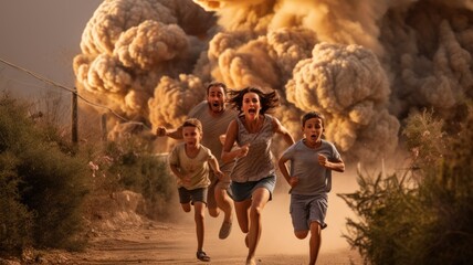Innocent civilian running away from missile attack in the city. Kids and family escape from surprise military operation with fear and scare. - obrazy, fototapety, plakaty