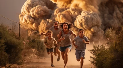 Foto op Plexiglas Innocent civilian running away from missile attack in the city. Kids and family escape from surprise military operation with fear and scare. © Summit Art Creations