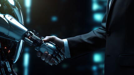 Close up of businessman hand holding robot arm.