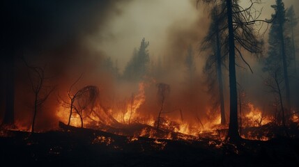 Fototapeta na wymiar Forest fire. Fire burns the forest. Charred trees, fire glow and smoke. Natural disaster as a result of climate change. 3d rendering .full ultra HD, High resolution