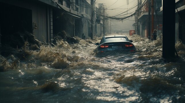 Floodwaters engulfing streets in close-up.