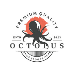 Octopus Logo, Old Retro Vintage Design Ocean Animal Vector Tentacle Illustration Template