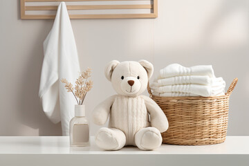 Plush teddy bear nestled in basket with white linens beside elegant vases. Minimalistic and elegant decor.