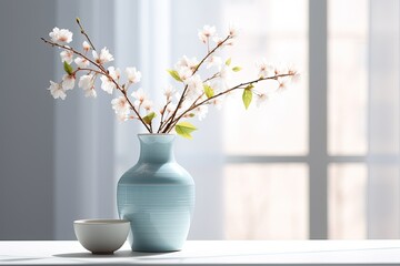 Turquoise vase with white blossoms, small bowl on reflective surface against window backdrop. Floral arrangement in modern setting.